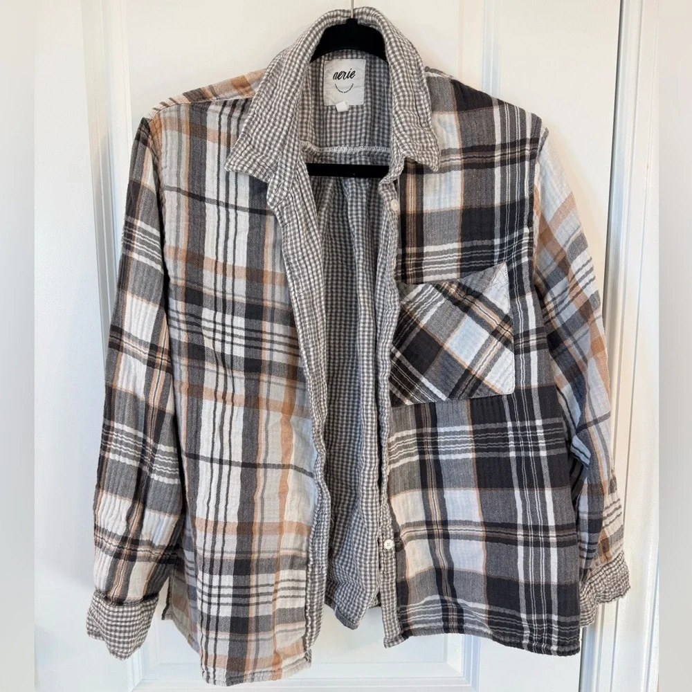 Aerie Gray/Beige 100% Cotton Checkered Shirt (size large) - Picture 1 of 9